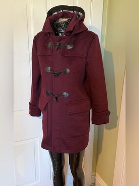 Burberry Kids Burgundy Hooded Wool Toggle Pea Coat - Size 14Y